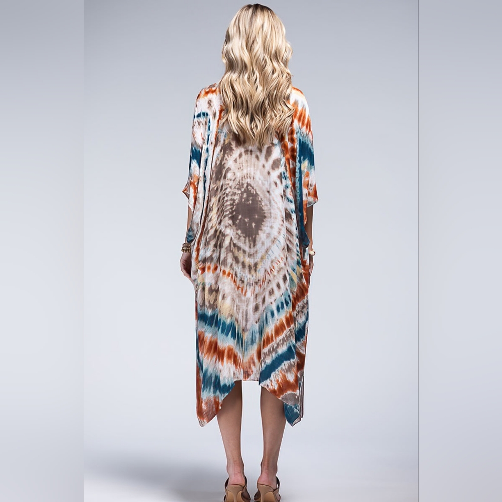 Vibrant Tie Dye Teal & Multi Color Kimono - Silky & Lightweight Material - Picture 5 of 5